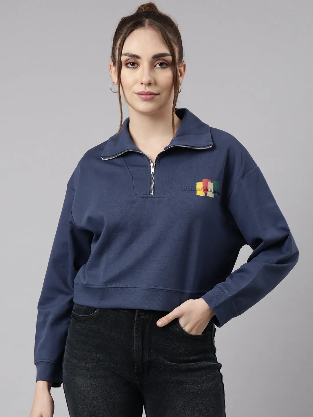 Women's Blue Front Open Oversized Cotton Crop Sweatshirt Comfort Apparel