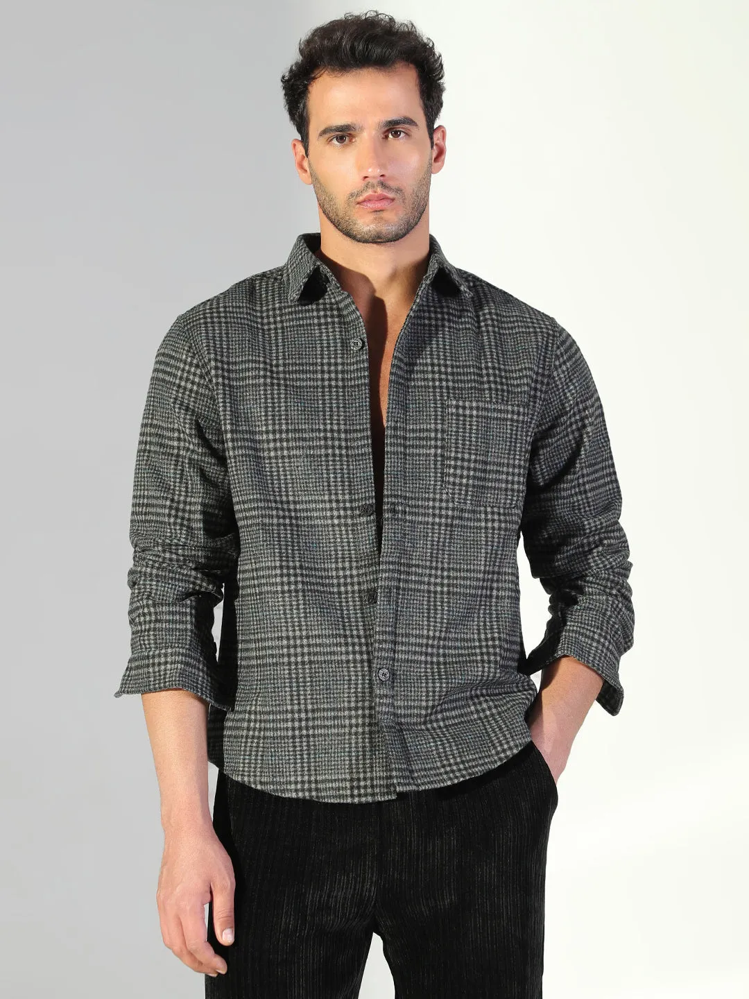 Men's Checked Grey Regular Fit Shacket Sporty Comfort