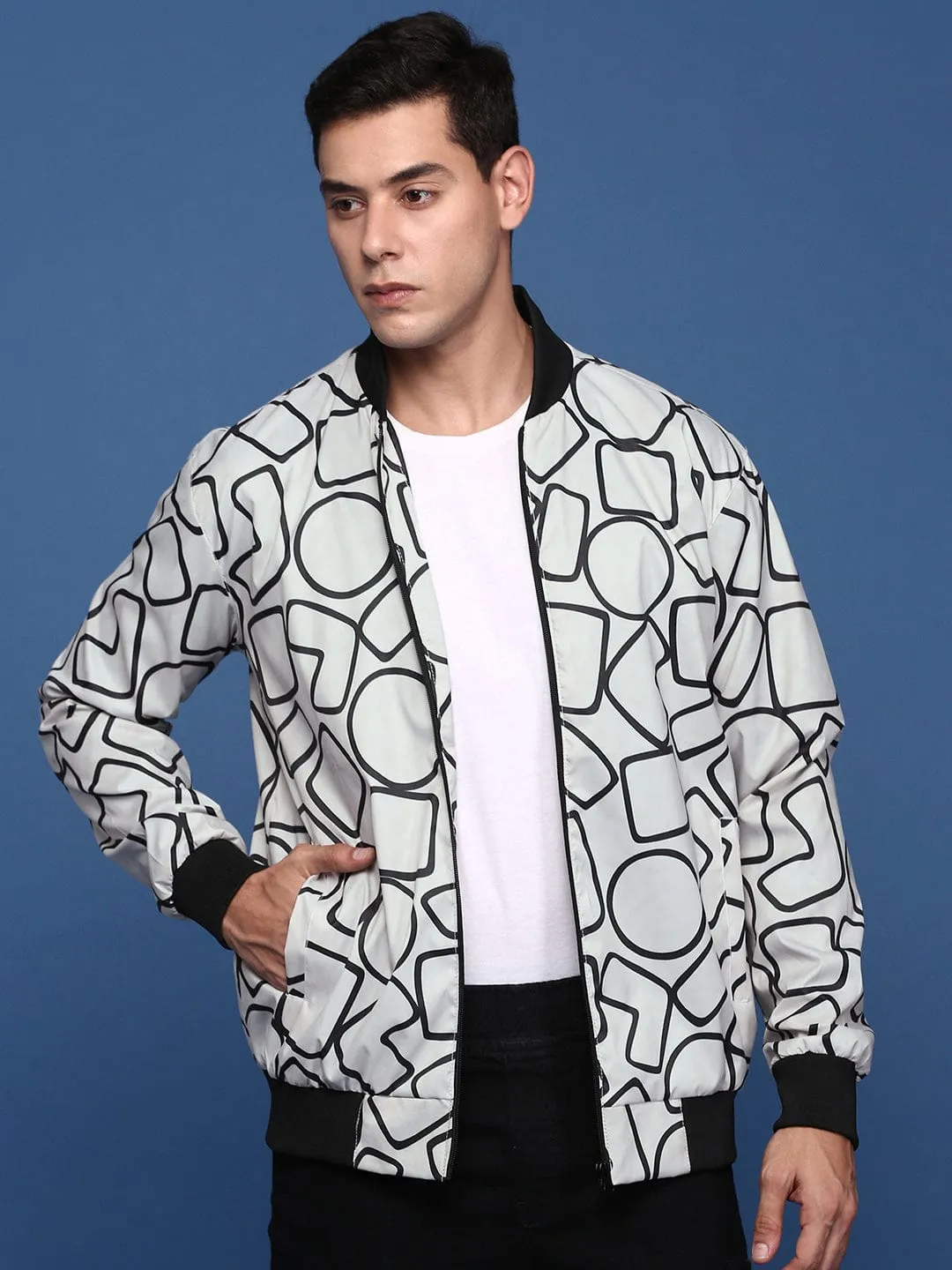 Men's Grey Mandarin Collar Windcheater Bomber Jacket Multi Purpose Loops Ultra Light Packable