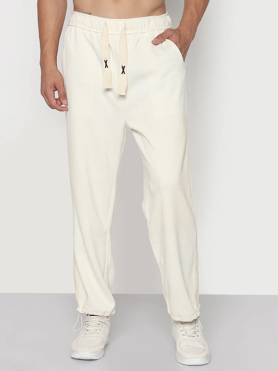 Simple and Cozy Utility Style Men's Cream Corduroy Relaxed Fit Trouser