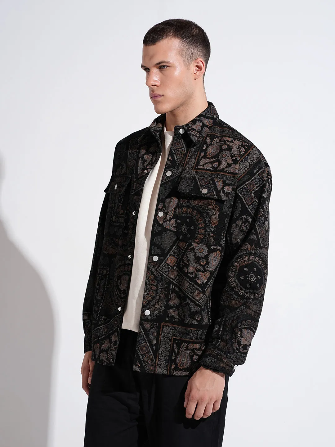 Men's Geometric Black Shacket Odor-resistant Modern Comfort Style