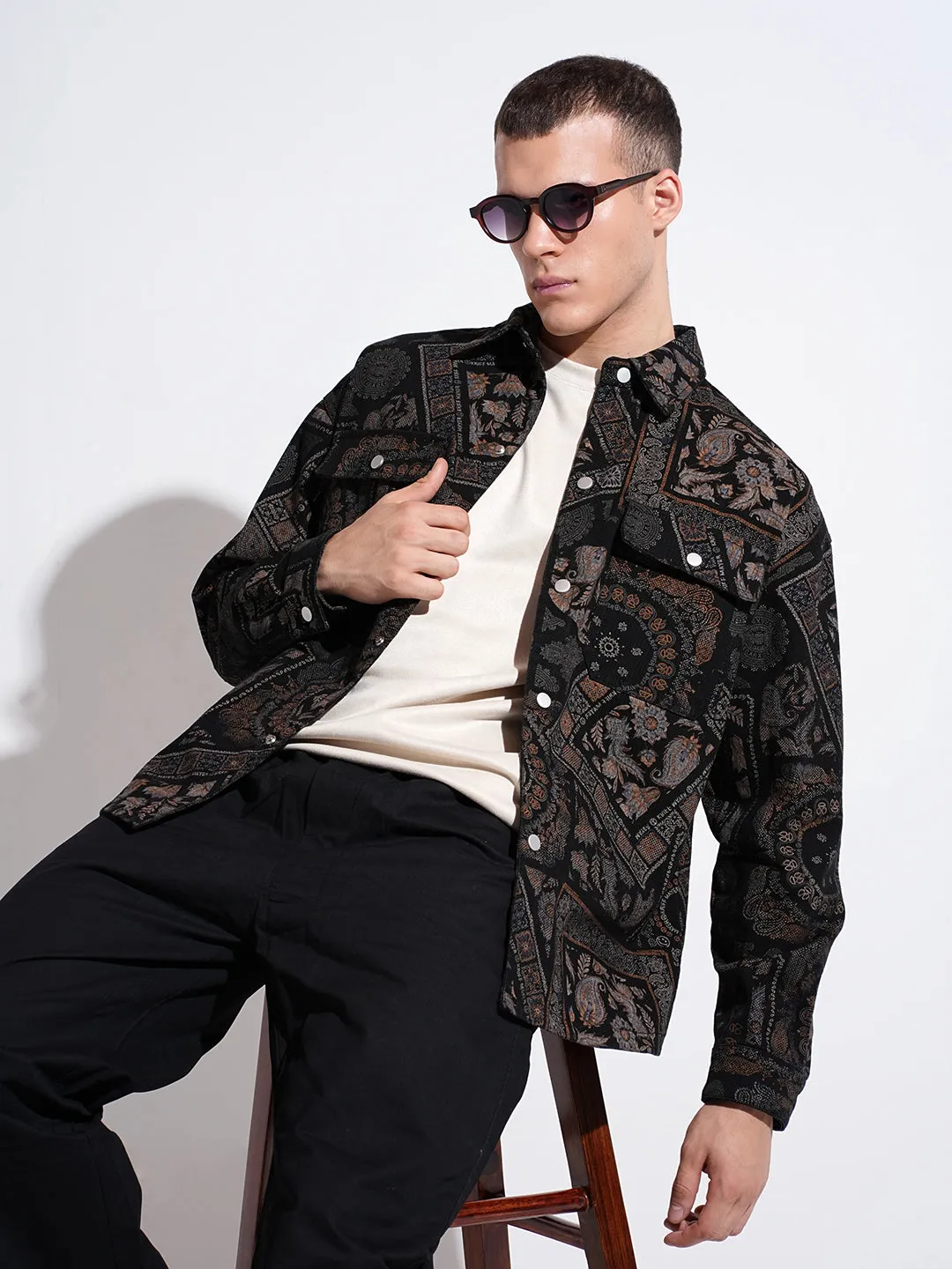 Casual Touch Anti Shrinkage Treatment Men's Geometric Black Shacket