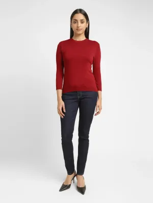 Women's Solid Red Crew Neck Sweater Midweight Feel