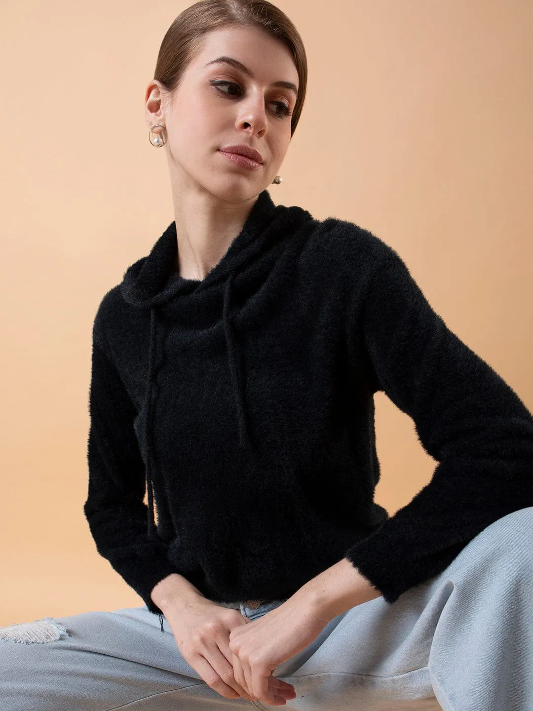 Tassel accents Women's Black Solid Hoodie