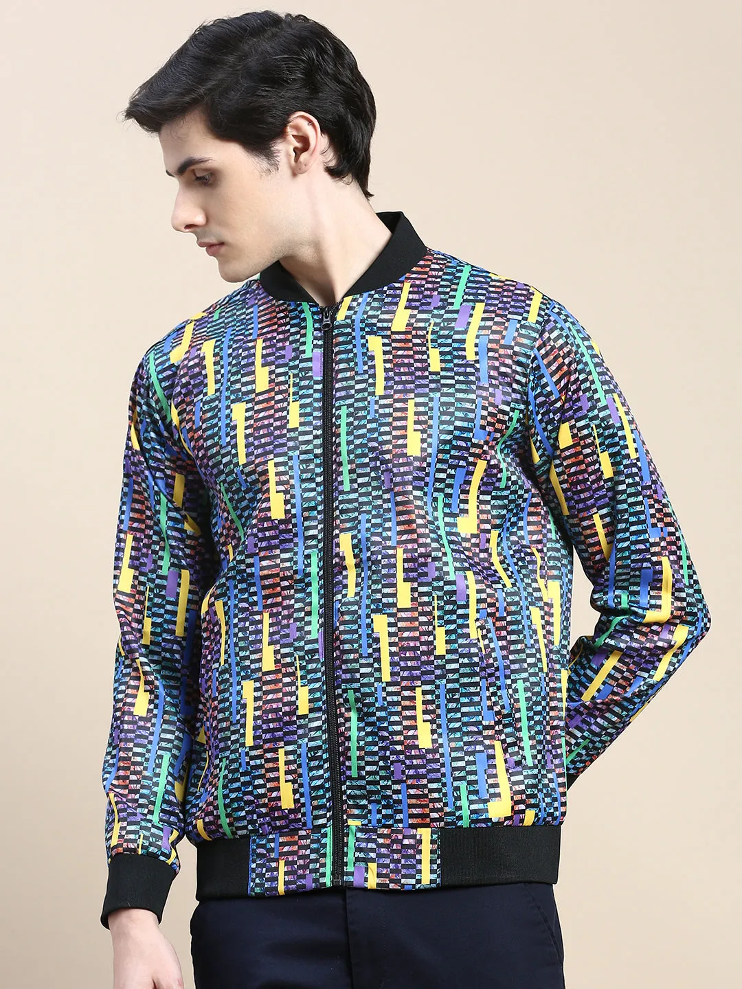 Packable Construction MoistureWicking Technology Men's Blue Geometric Printed Bomber Jacket