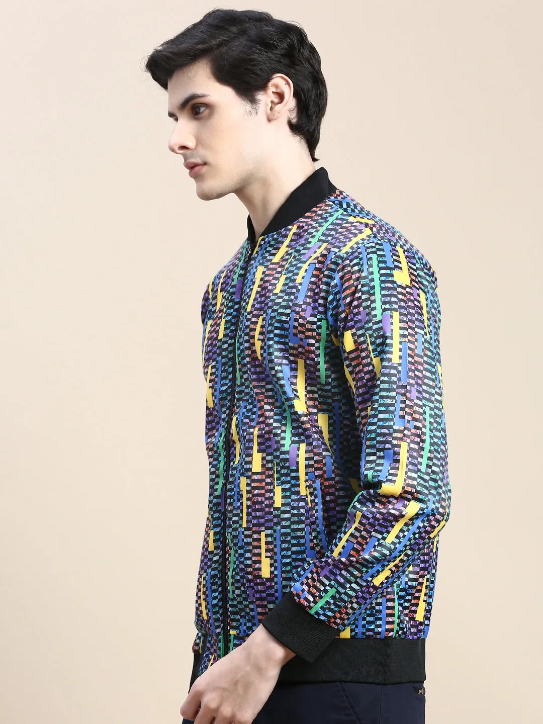 Men's Blue Geometric Printed Bomber Jacket DoubleLayeredHem