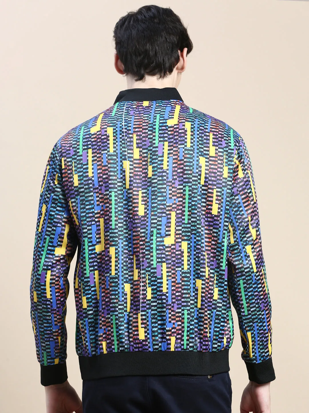 Men's Blue Geometric Printed Bomber Jacket Tear Resistant Panels Temperature Regulating Fabric