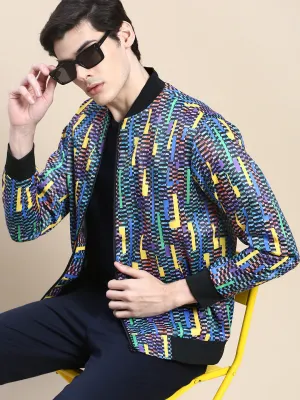 Mild Weather Layer Men's Blue Geometric Printed Bomber Jacket