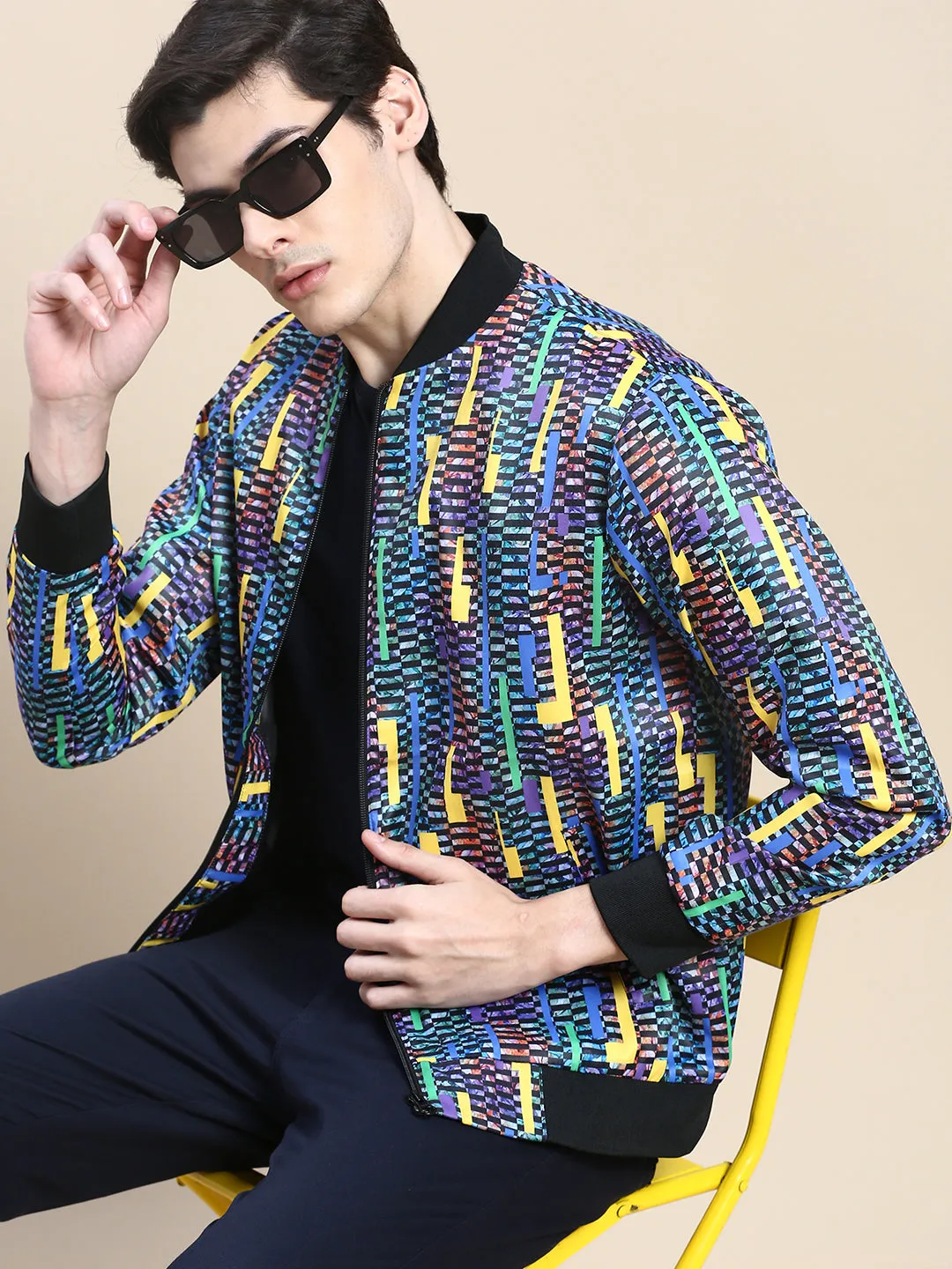 Mild Weather Layer Men's Blue Geometric Printed Bomber Jacket