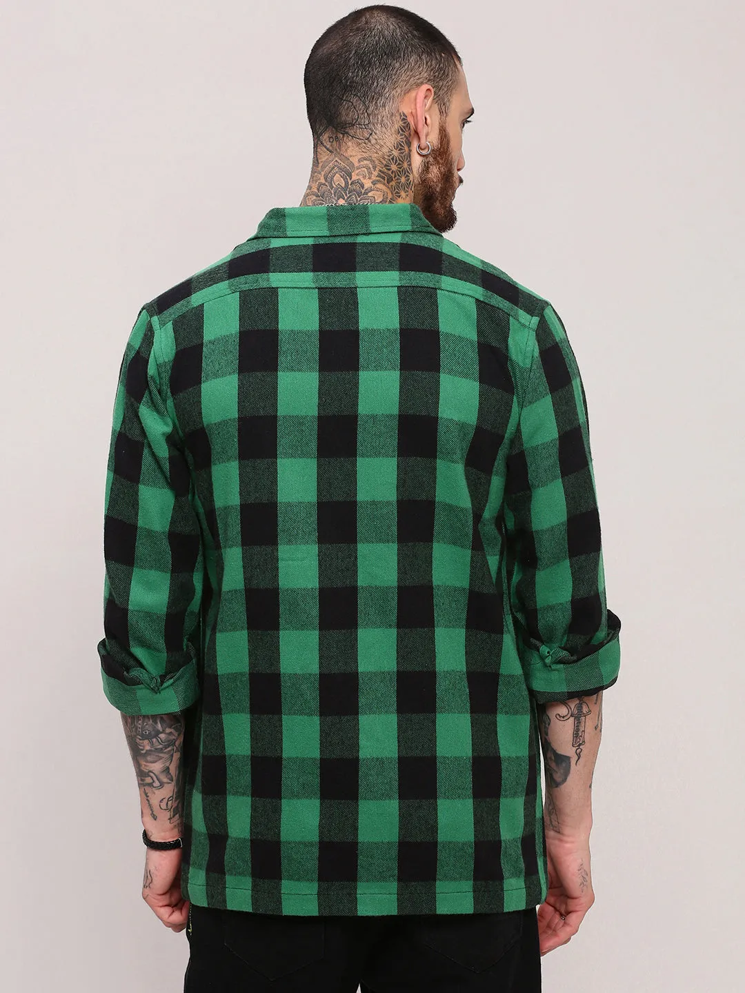 Men's Green Checked Shacket Simple and Comfortable V-Neck