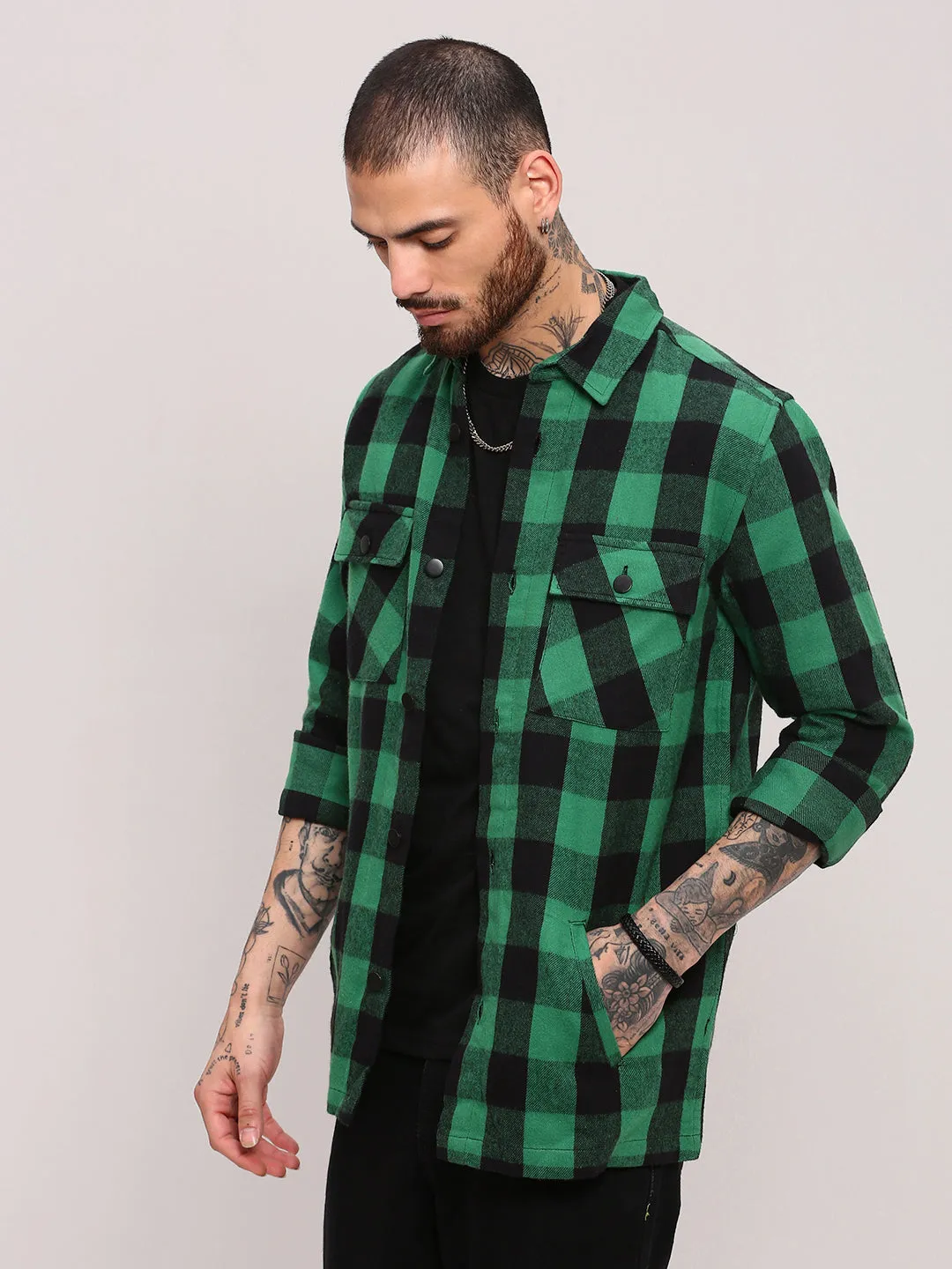 Sustainable Breathable Waistband Men's Green Checked Shacket