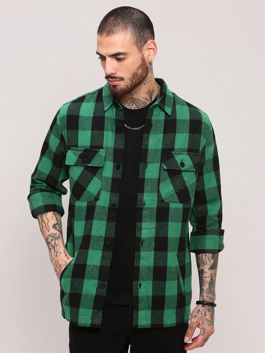 Men's Green Checked Shacket Comfortable Design