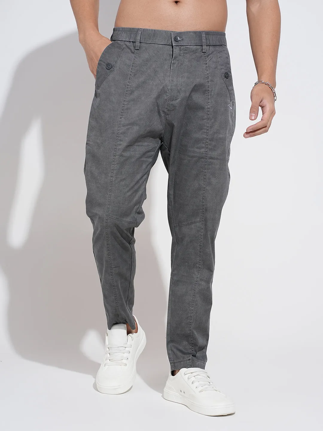 Men's Grey Regular Fit Trousers ElasticWaist Comfy Material