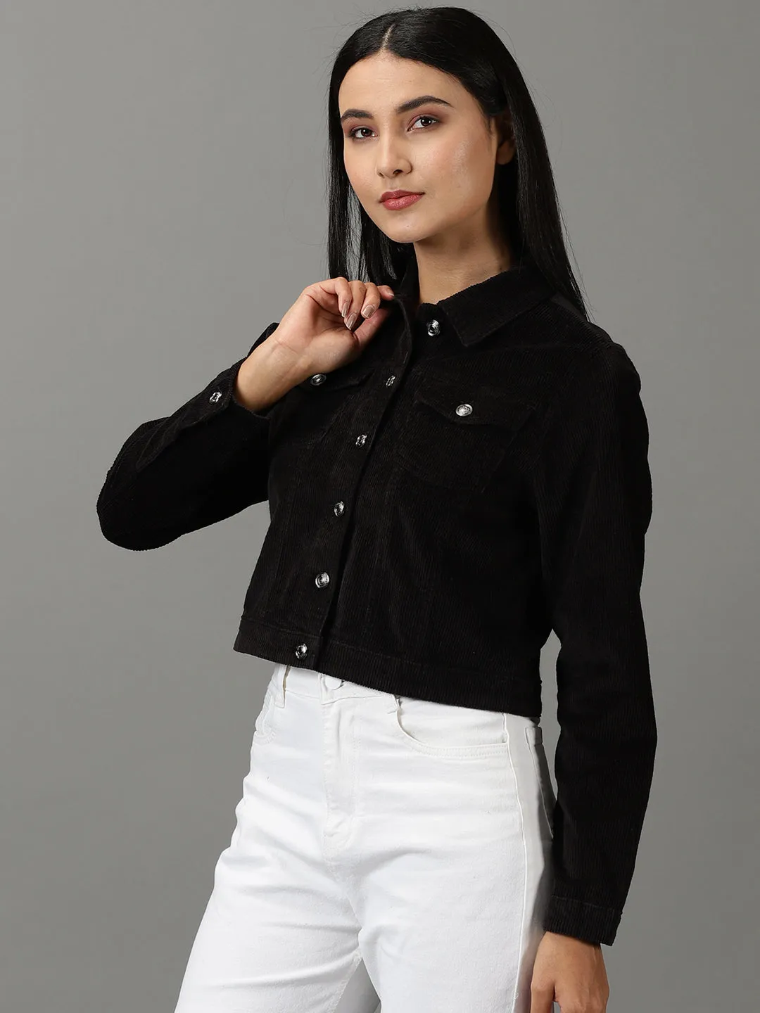Subtle Color Tone Abrasion Resistant Trim Women's Black Corduroy Crop Tailored Jacket