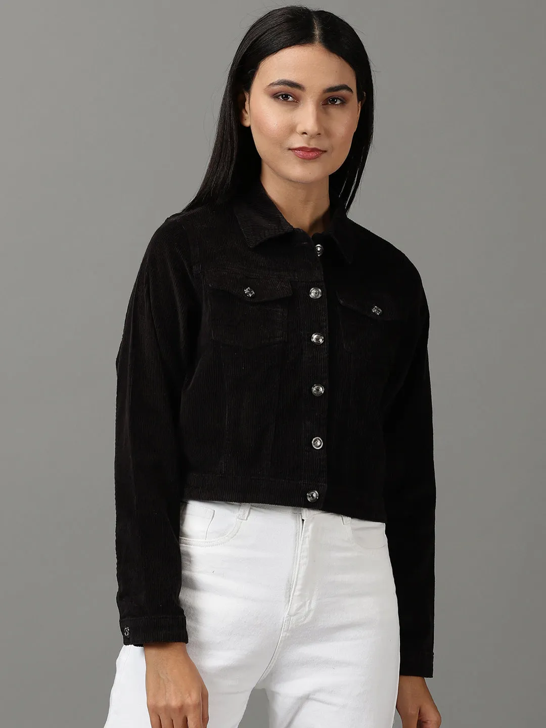 Women's Black Corduroy Crop Tailored Jacket Convertible Collar Essential City Look
