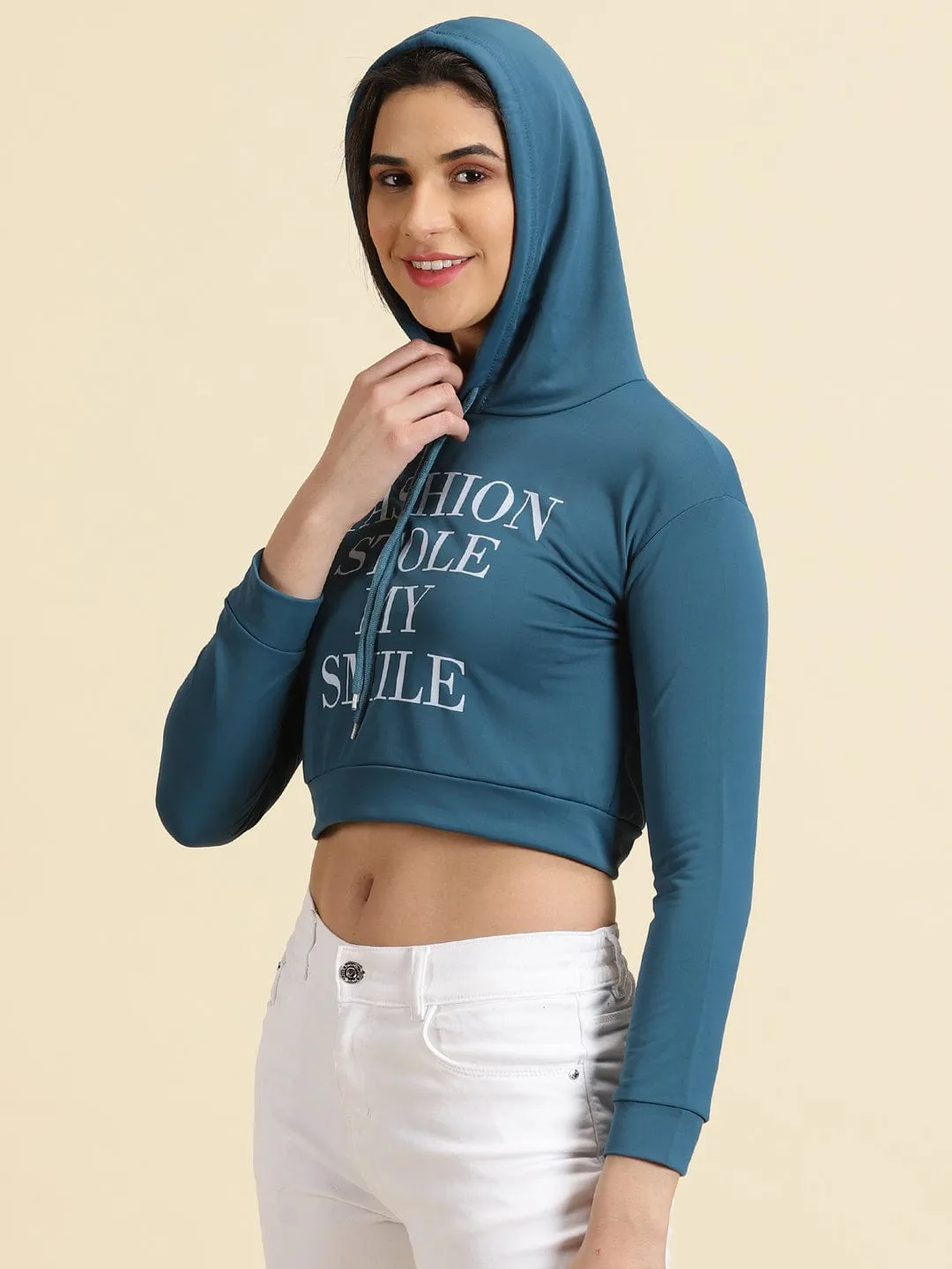 Women's Teal Typography Printed Neck Cotton Hoodie Core Comfort