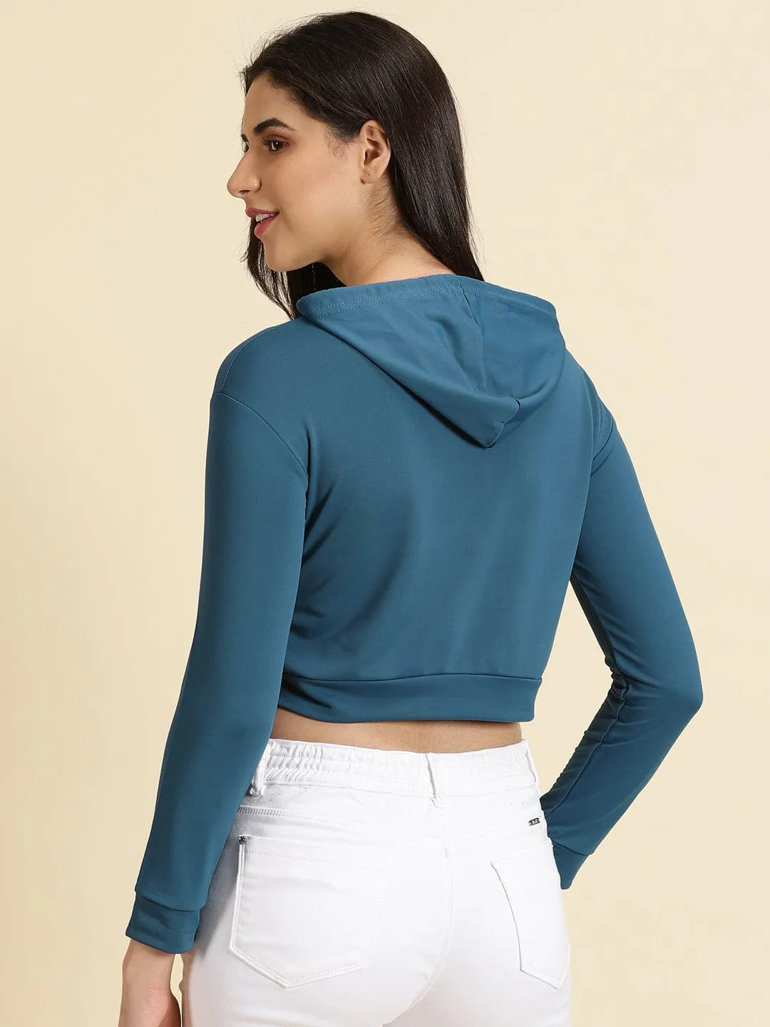 Classic Chic Cozy pieces Women's Teal Typography Printed Neck Cotton Hoodie