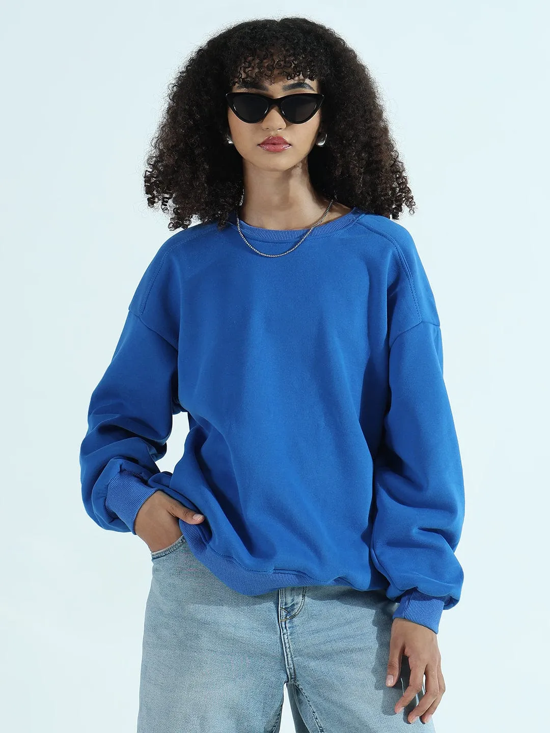 Smart Hoodie Women's Blue Oversized Round Neck Sweatshirt