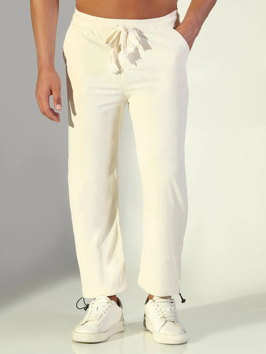 Soft Performance Blackout fabric Men's Cream Solid Straight Fit Trousers
