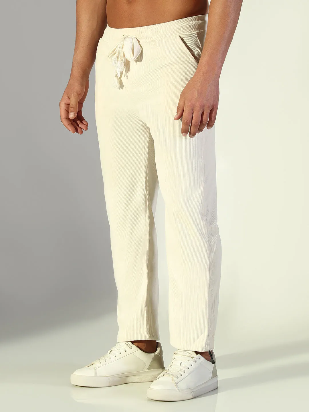 Men's Cream Solid Straight Fit Trousers Casual Performance Modern Relaxed