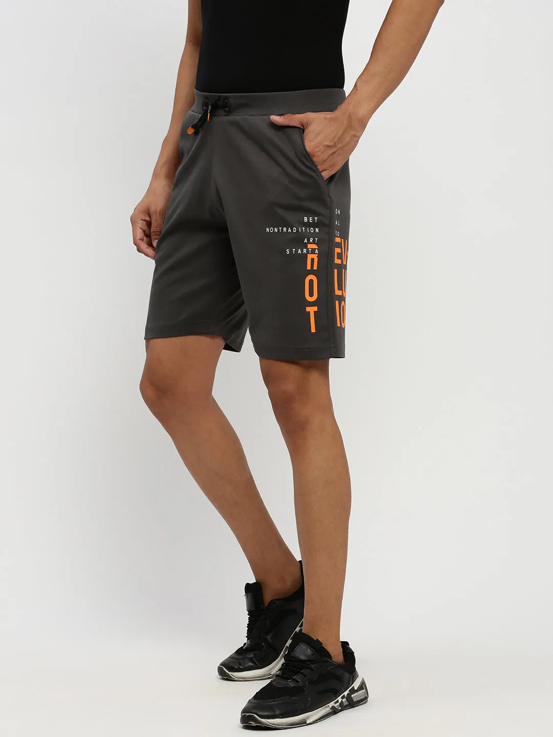 Men's Grey Typography Printed Mid Rise Cotton Sports Shorts SeamlessConstruction Airflow channels