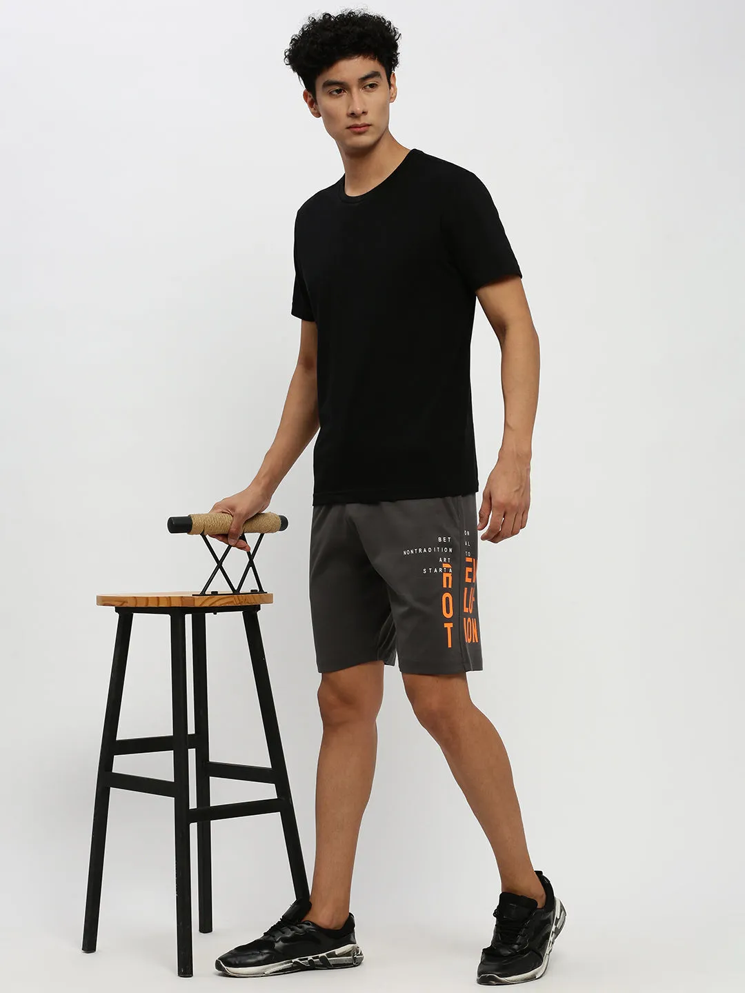 Men's Grey Typography Printed Mid Rise Cotton Sports Shorts Sweat Resistant Coating men's fashion