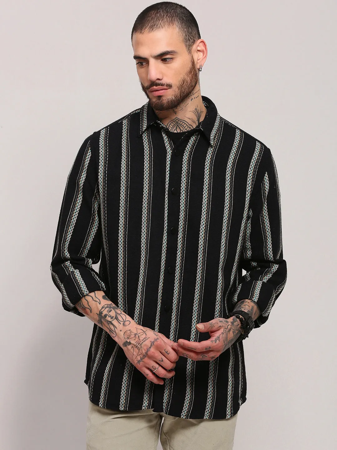Men's Black Striped Shacket polo neck