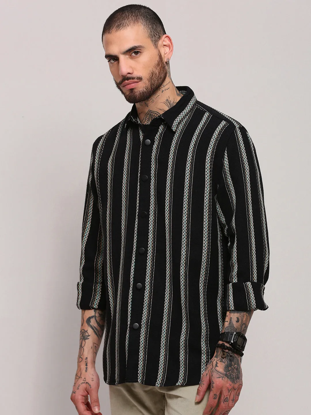 Fashionable Fit Flatlock stitching Men's Black Striped Shacket