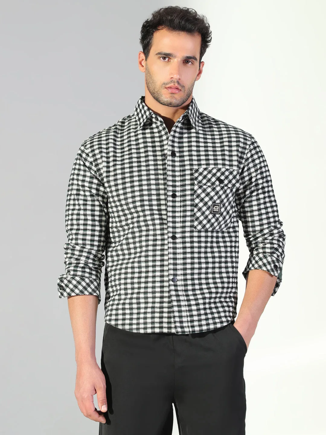 Men's Checked Black Shacket with Single Pocket Perfect Fit Wear Active Wear