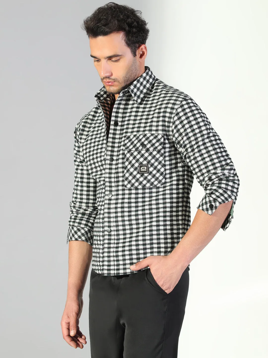 Formal Style Men's Checked Black Shacket with Single Pocket