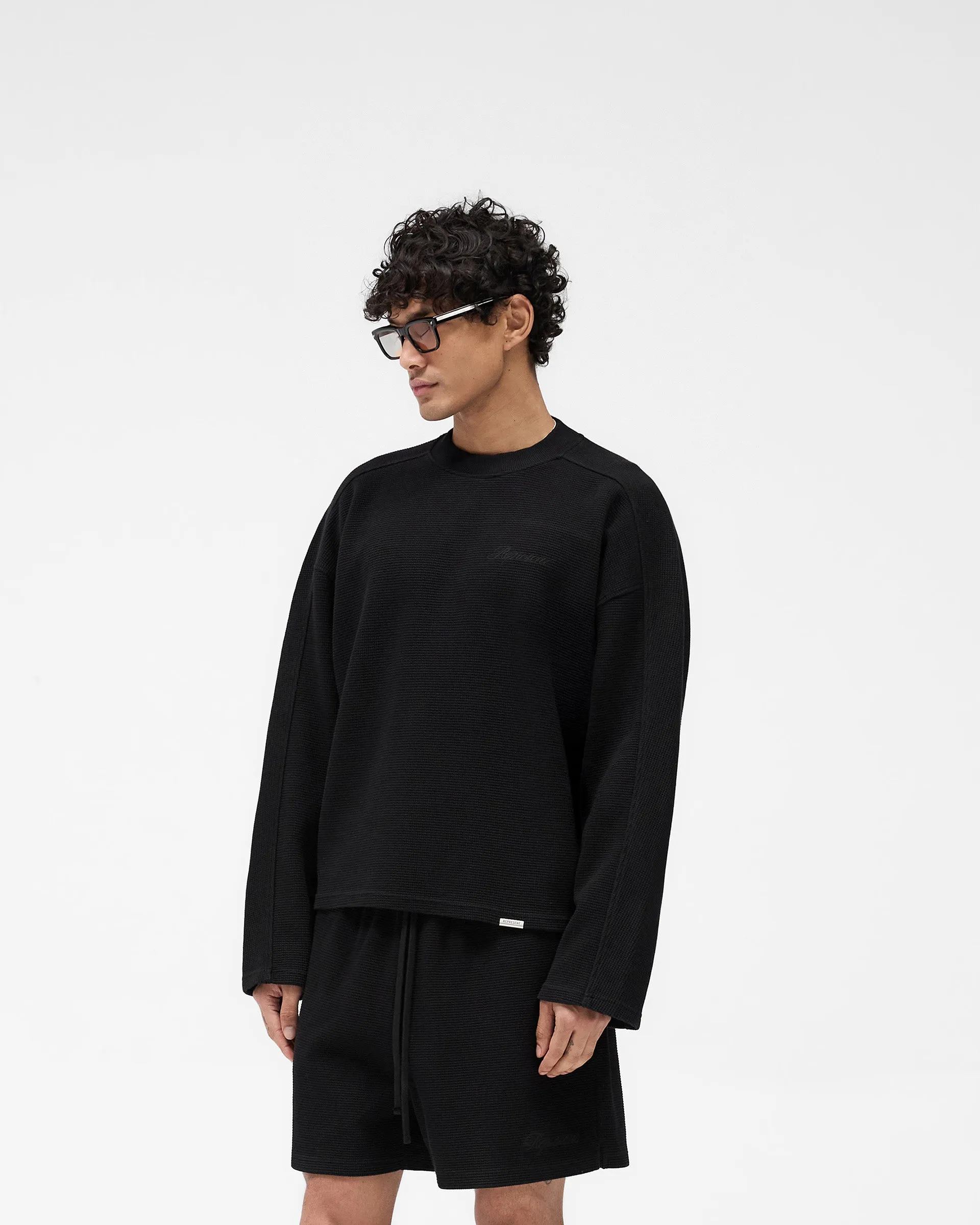 Waffle Long Sleeve T-Shirt - Black Reinforced Shoulder Stitching
