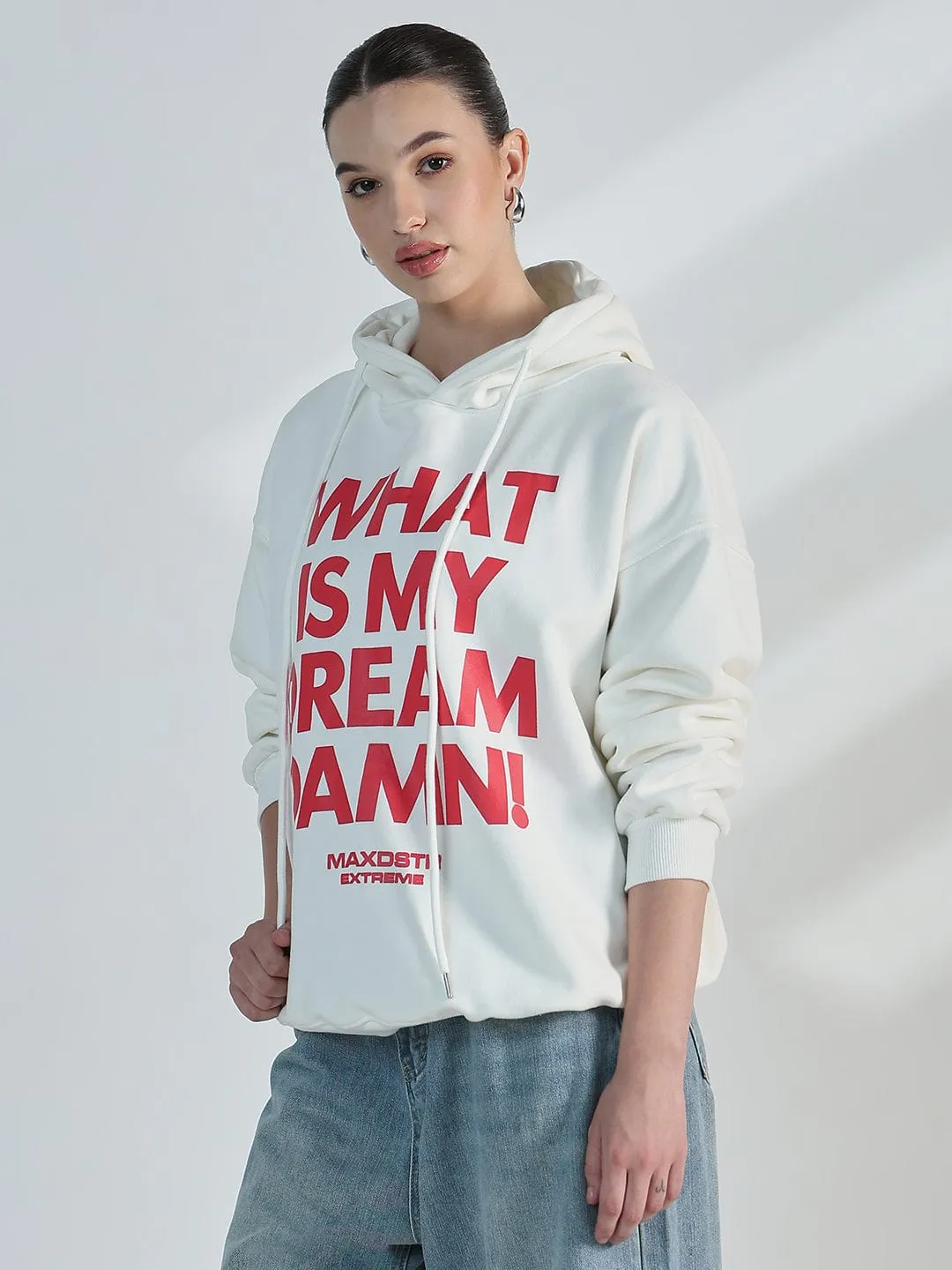 Women's Typography White Oversized Hoodie Casual Hoodie