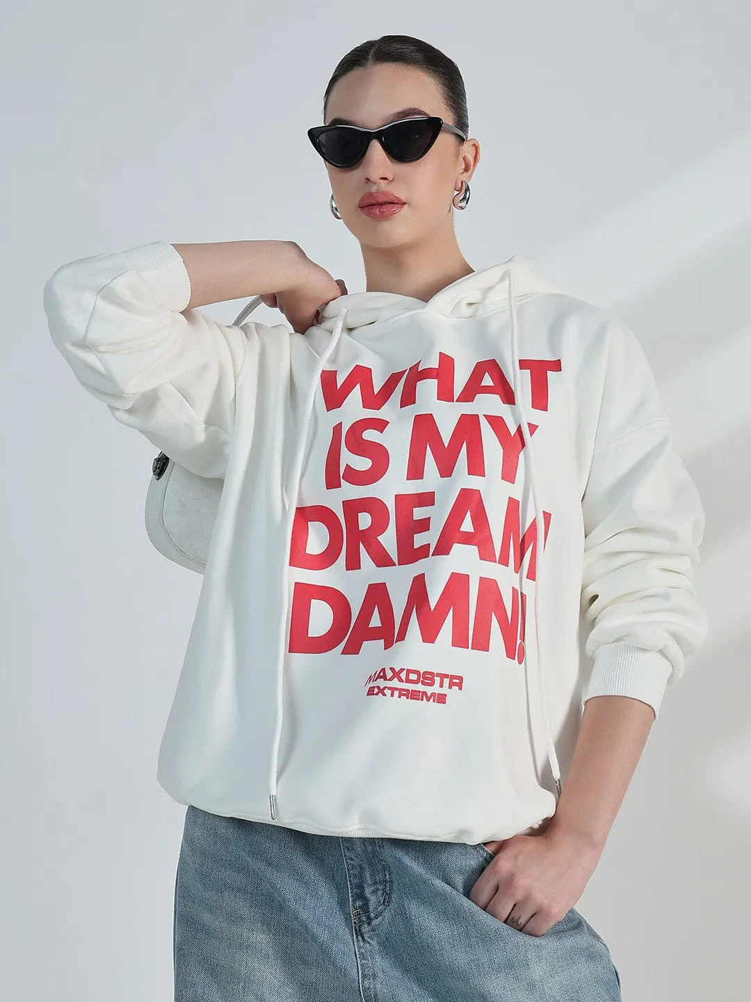 product tag identification appropriate for winter Women's Typography White Oversized Hoodie