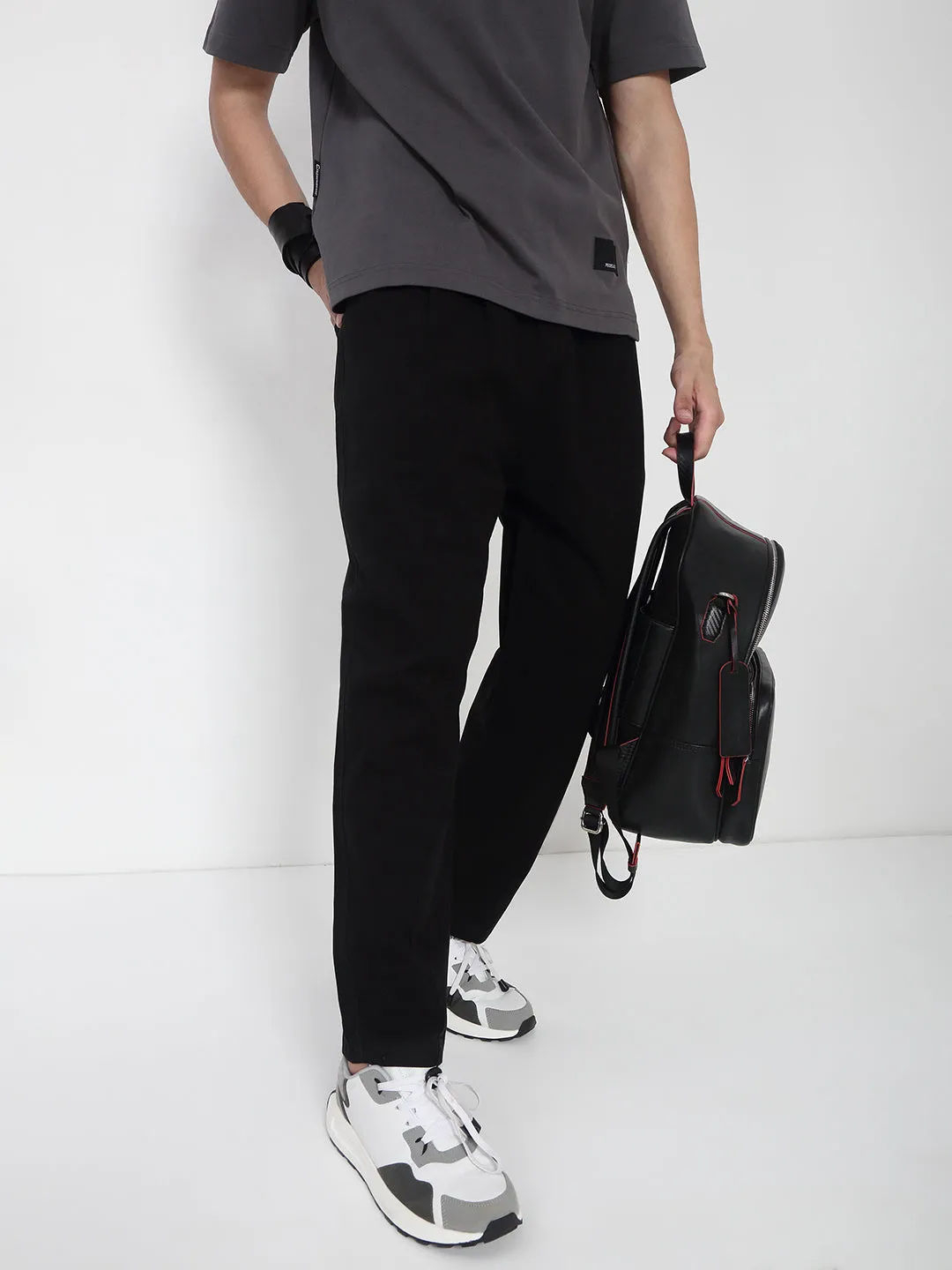 Men's Cotton Black Relaxed Fit Korean Trousers Elastic Free Cuffs