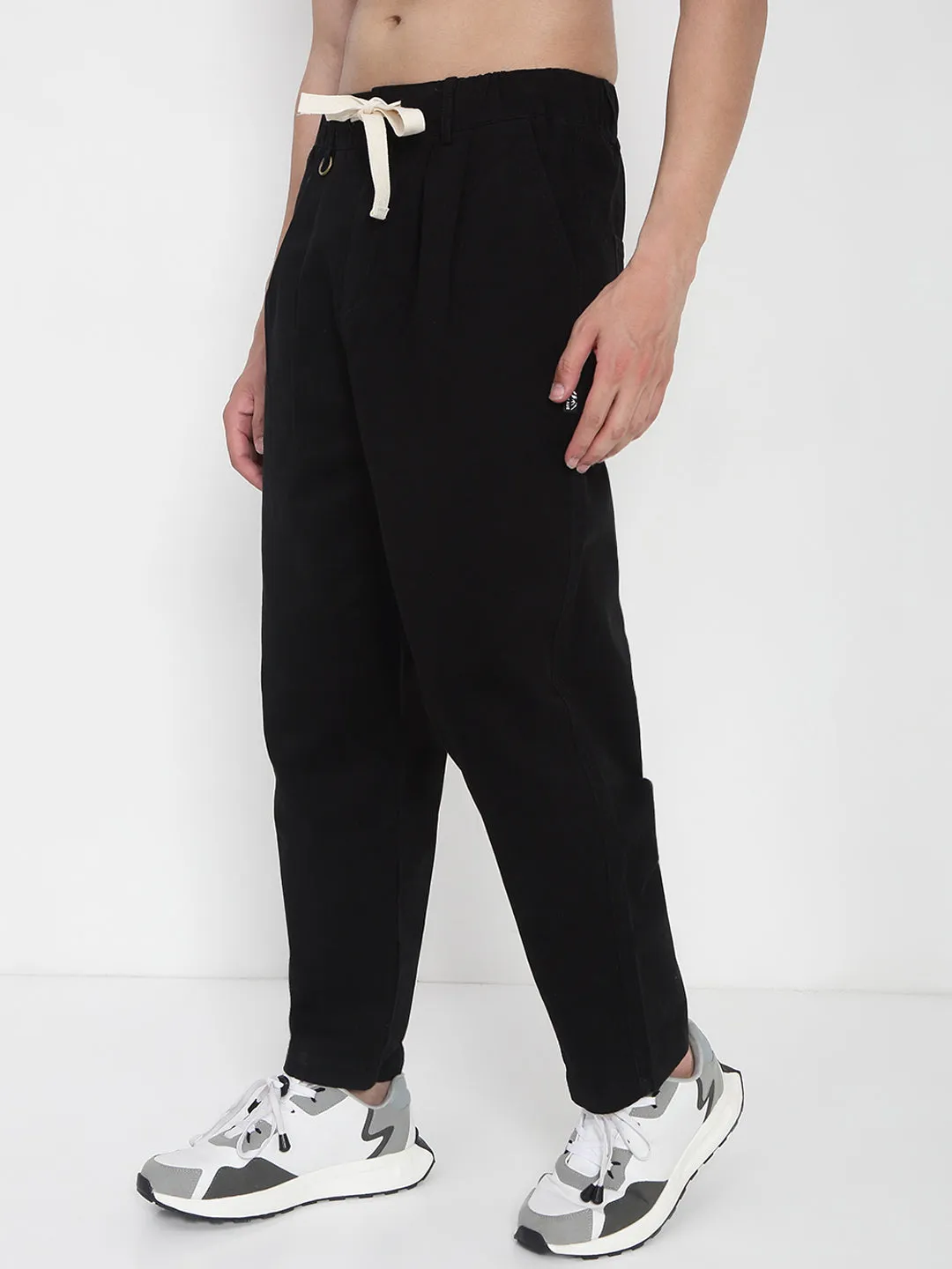 Men's Cotton Black Relaxed Fit Korean Trousers Reinforced Knees