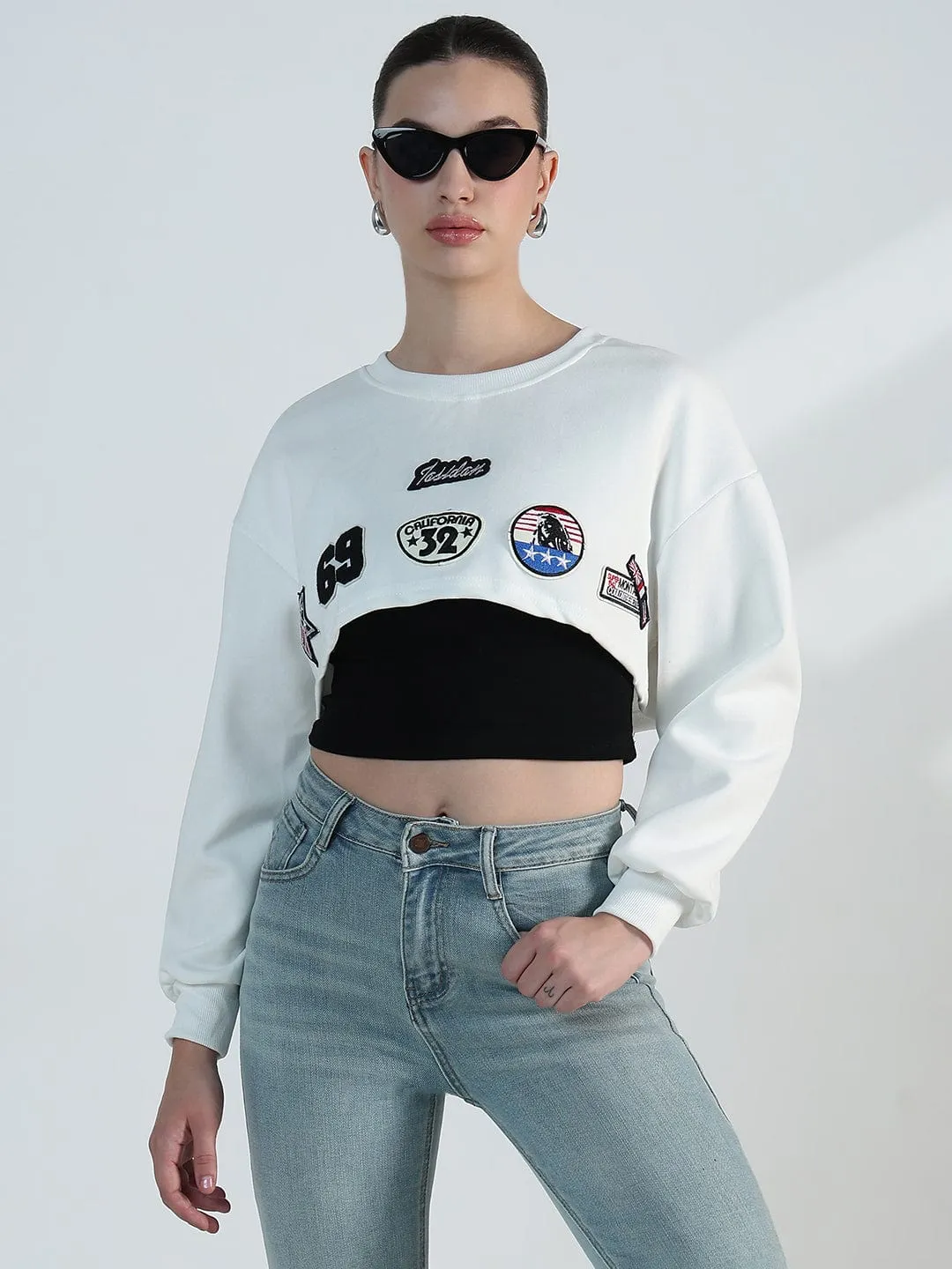 Warm Essentials Women's Graphic White Patch Crop Sweatshirt
