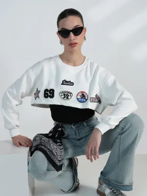 Women's Graphic White Patch Crop Sweatshirt Classic Sporty Timeless Relaxed