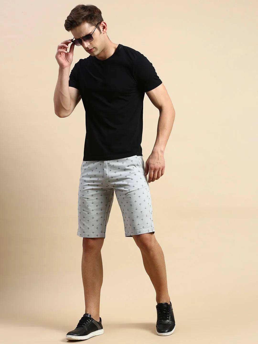 Men's Grey Conversational Printed Cotton Shorts Multi Panel Construction Clean Fabric