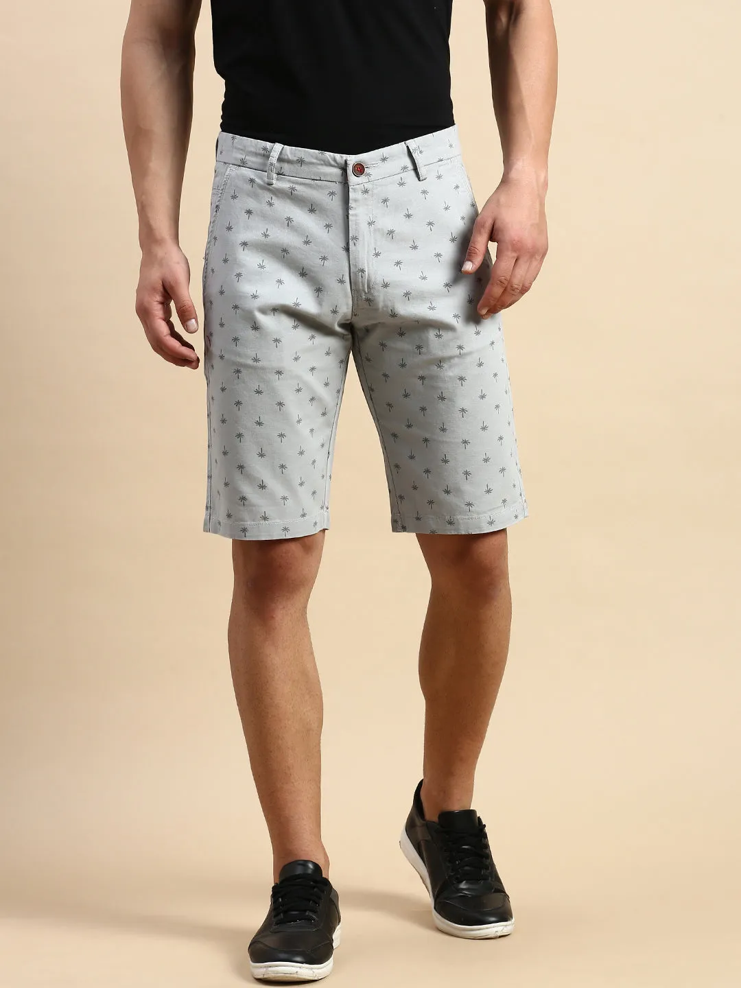 Men's Grey Conversational Printed Cotton Shorts Fastening Closure