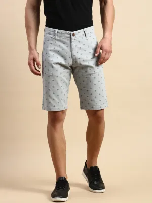 Men's Grey Conversational Printed Cotton Shorts Fastening Closure