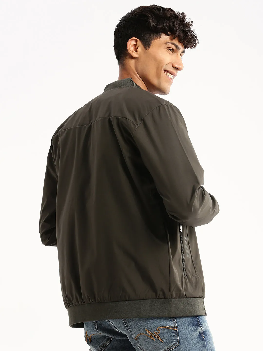 Men's Olive Mandarin Collar Bomber Jacket abrasion resistant coating Noise Free Movement