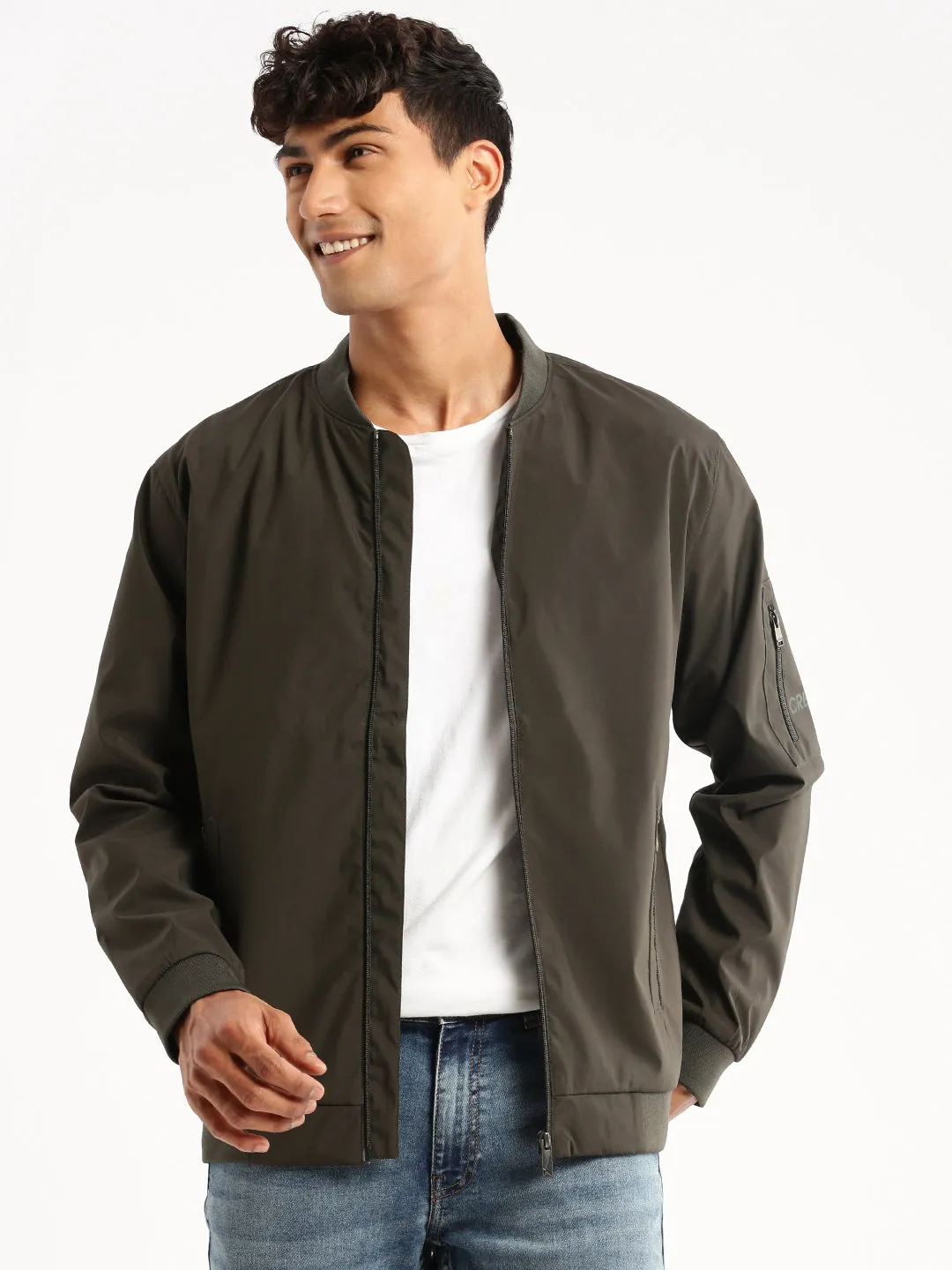 Men's Olive Mandarin Collar Bomber Jacket Fit For Travel Light Reflective