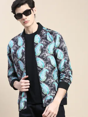 Men's Black Printed Casual Bomber Jacket Hypoallergenic Padding Classic Zip Up