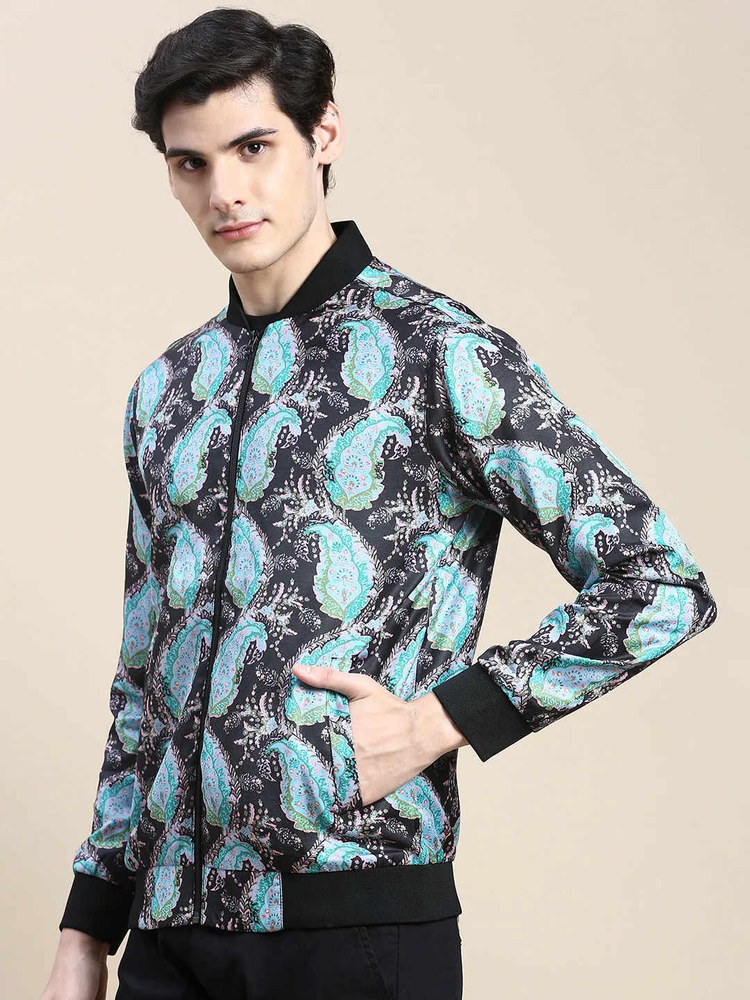 Men's Black Printed Casual Bomber Jacket Belted Style Light Reflective