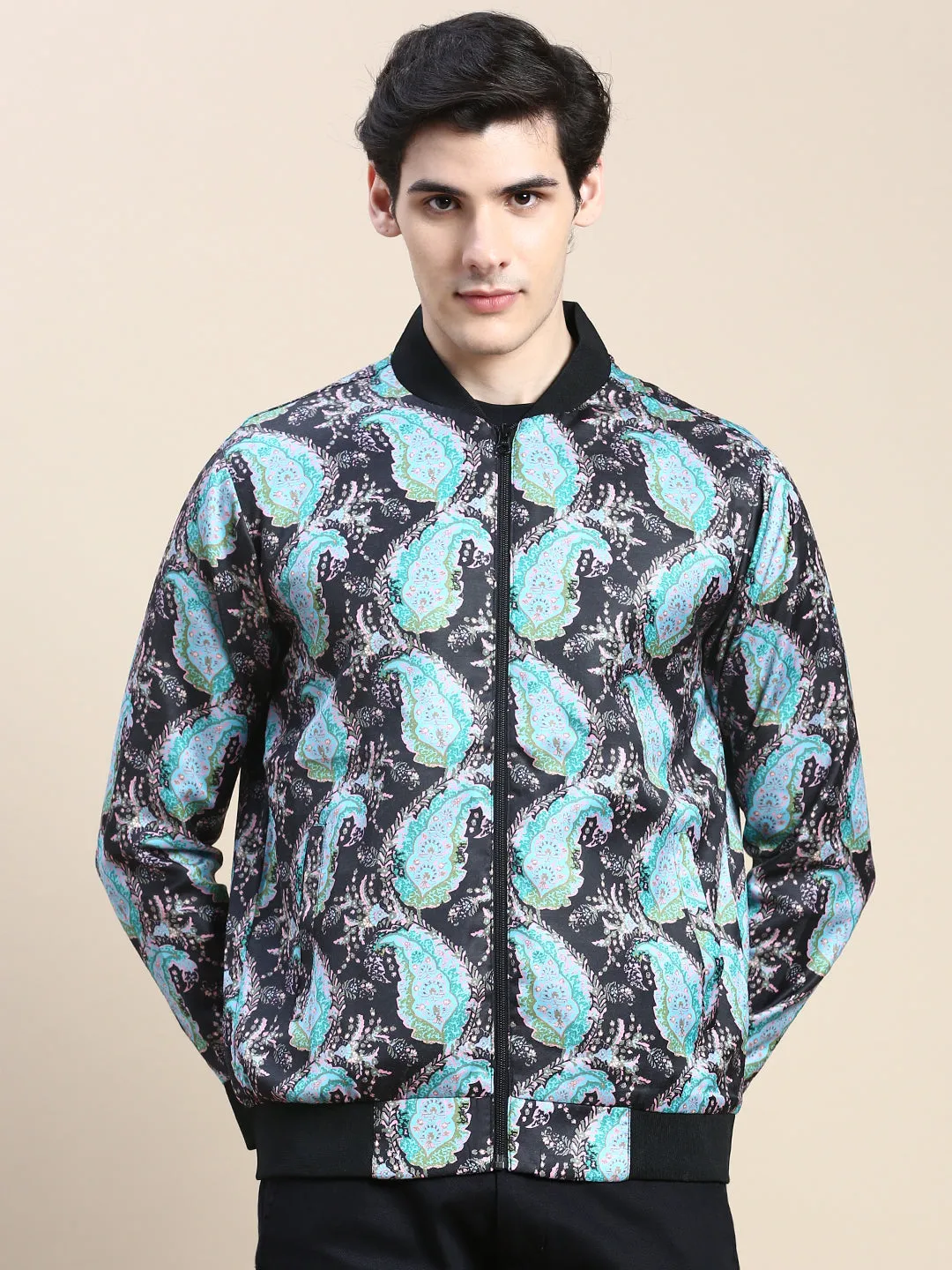 Ventilated Back Panel Stretchable Material Men's Black Printed Casual Bomber Jacket