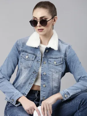 Women's Blue Spread Collar Crop Denim Jacket Basic Fit retro look