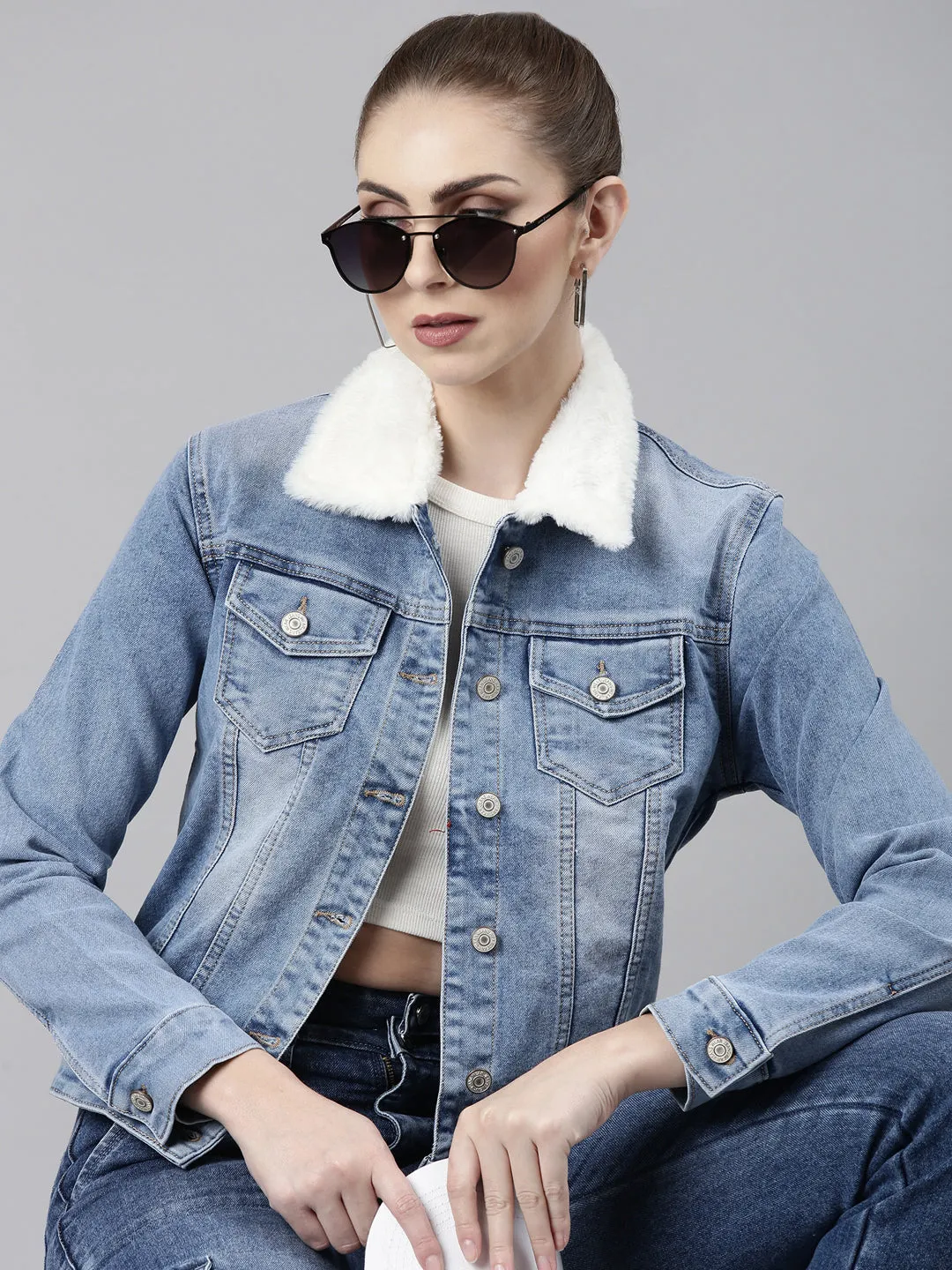 Women's Blue Spread Collar Crop Denim Jacket Basic Fit retro look