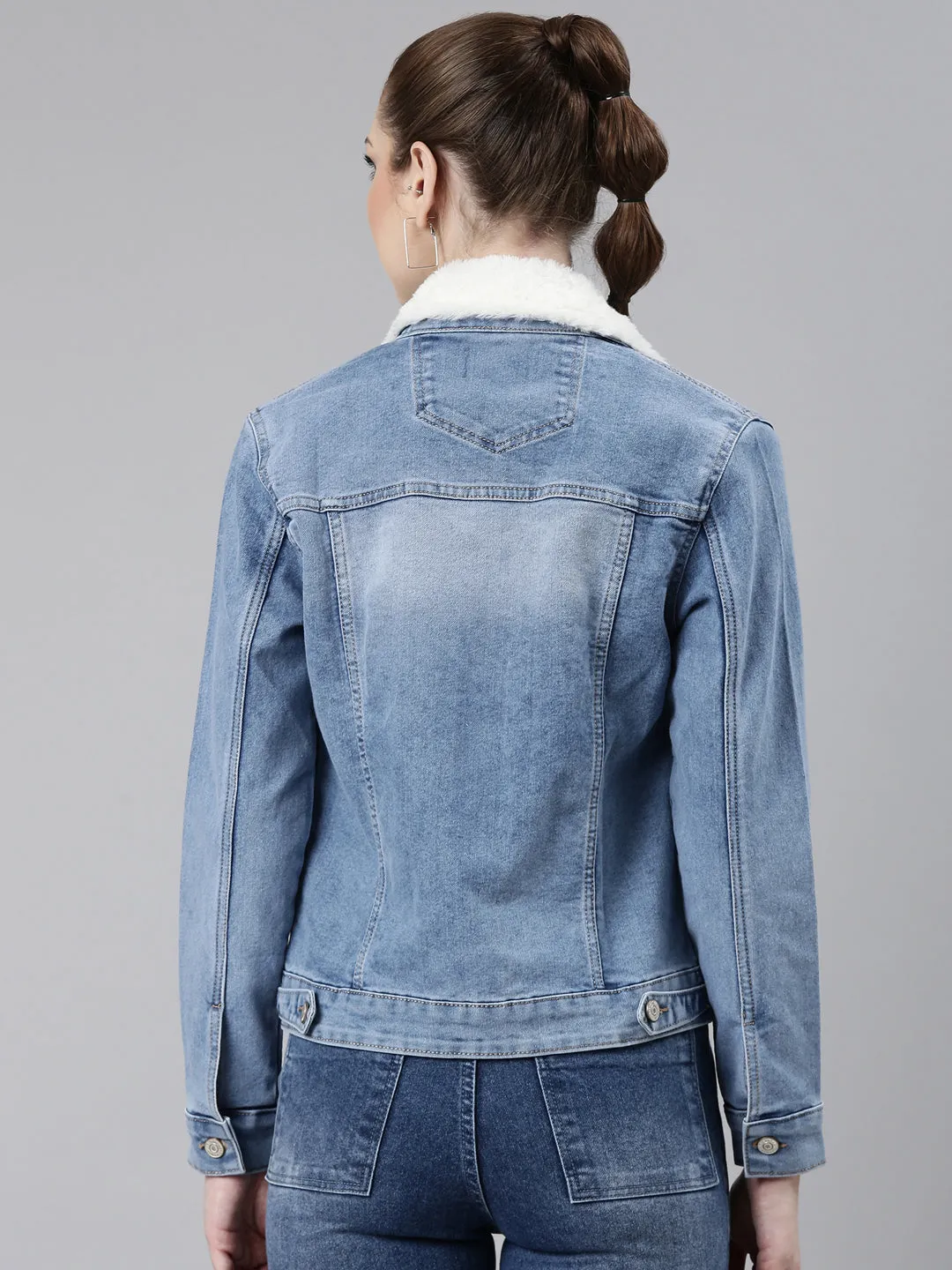 Seamless Technology Multi Pocket Functionality Women's Blue Spread Collar Crop Denim Jacket