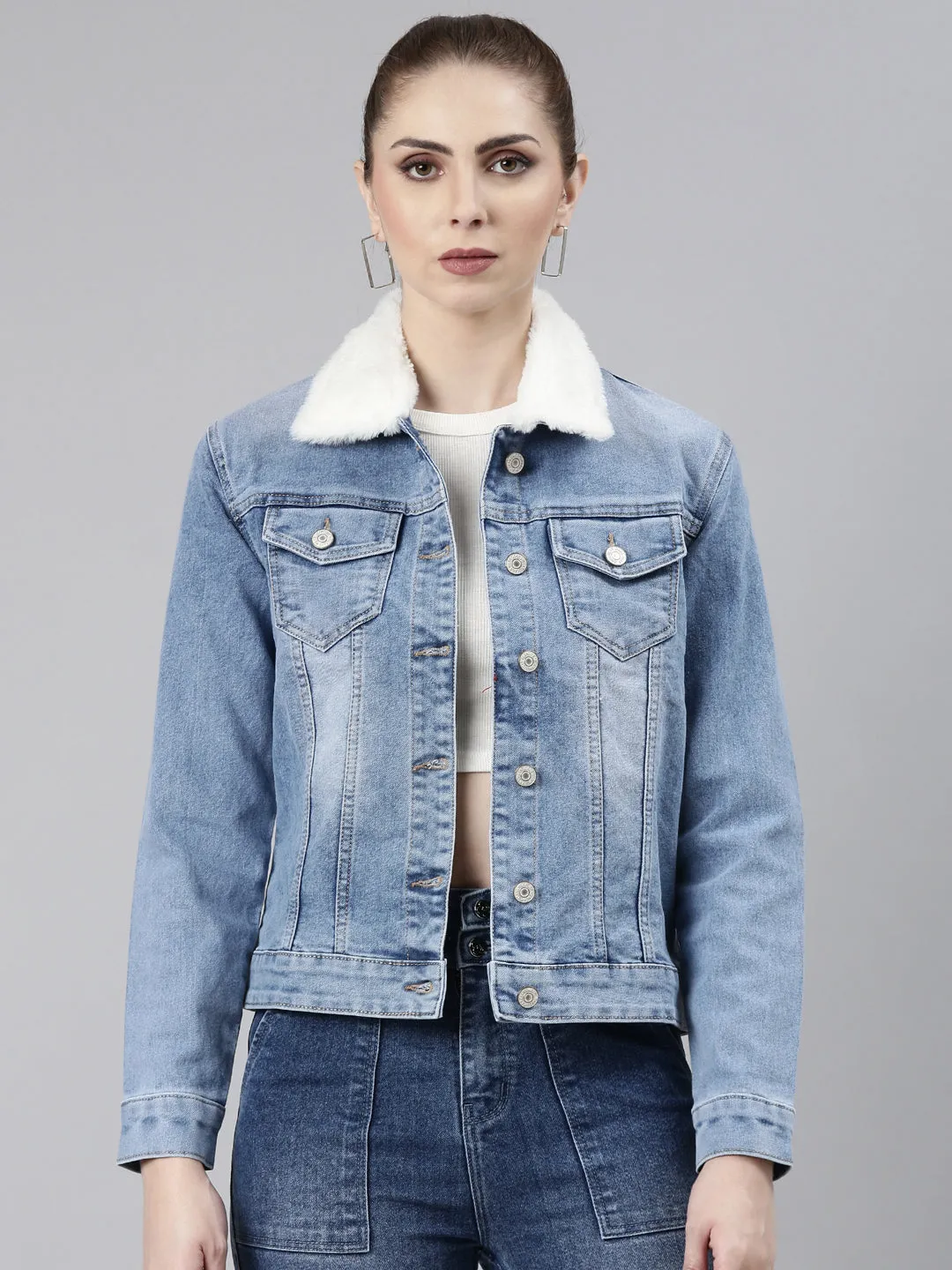 Non Bulky Profile HeatRetentionTechnology Women's Blue Spread Collar Crop Denim Jacket