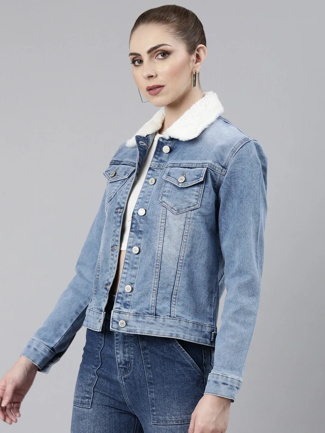 Heat Reflective Lining Clean Lines Women's Blue Spread Collar Crop Denim Jacket